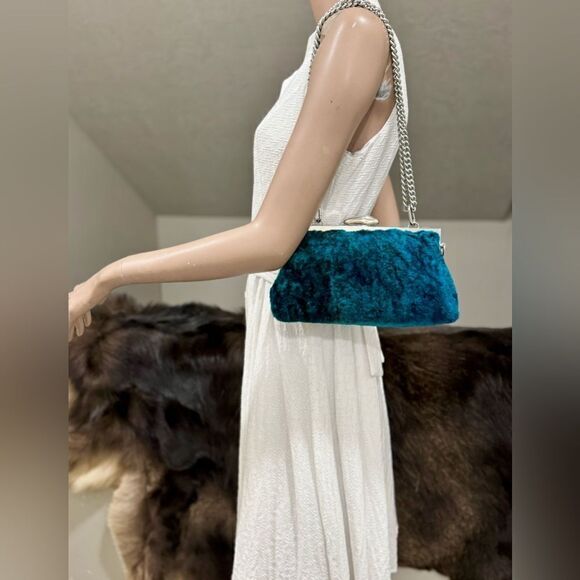 Peacock Blue Handmade Real Shearling Push Lock Clutch/Shoulder Bag/Crossbody - Picture 6 of 16